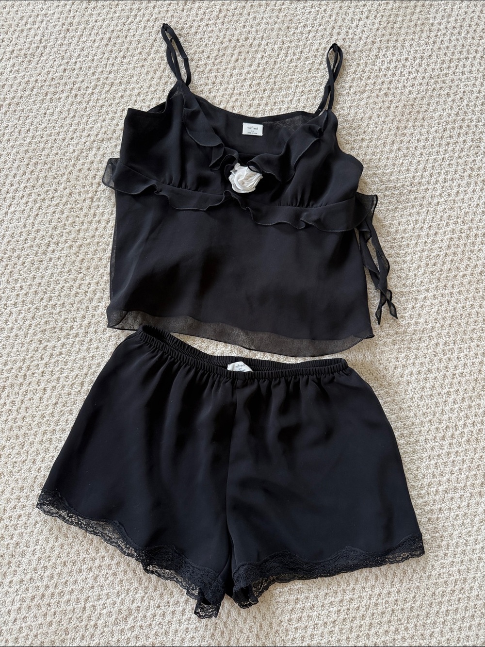 Aritzia Black Ruffle Cami & Lace-Trim Shorts Set